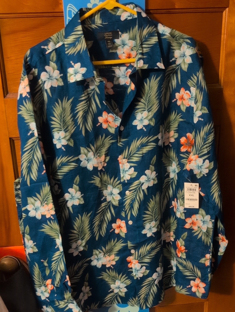 Club Room Blue Tropical Linen Shirt with Floral Accents